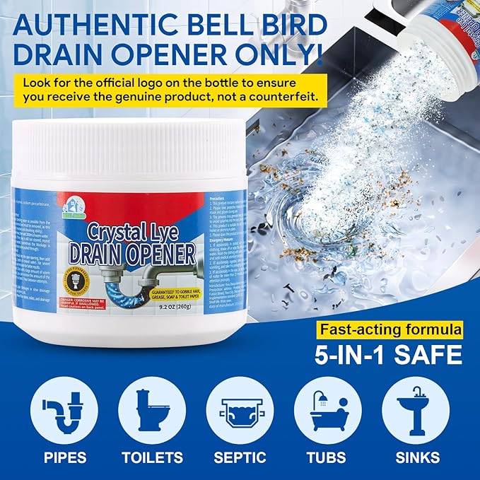 BELL BIRD Drain Opener, 9.2oz Crystal Lye Sodium Hydroxide, Clog Remover for Sinks, Drains, Showers & Bathtubs, Heavy Duty Pipe Cleaner (3PCS)
