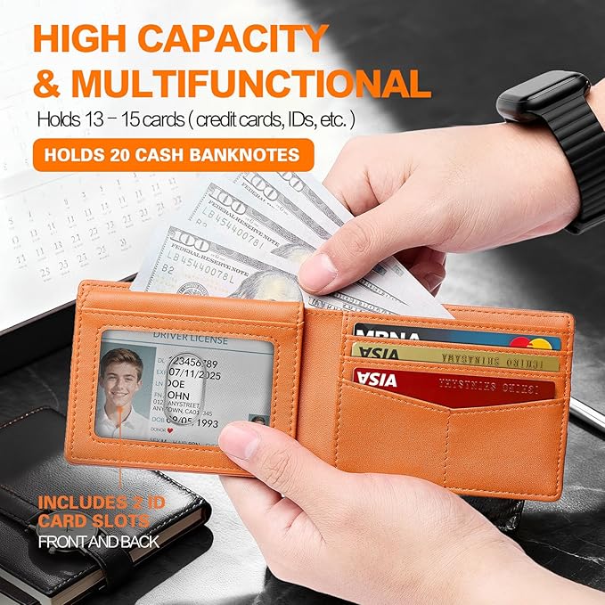 Wallet for Men Slim RFID Blocking Bifold Carbon Fiber,Minimalist Small Compact Front Pocket Credit Card Holder,Thin Mens Leather Wallets Smart Security With 2 ID windows 1 Cash (Black & Orange)