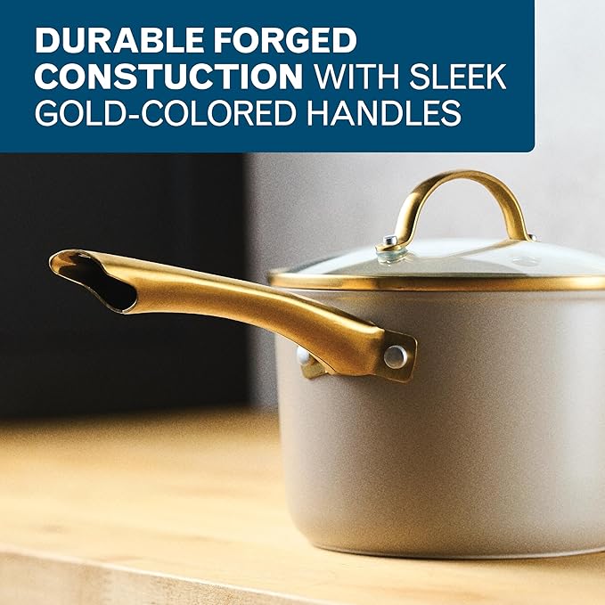 Farberware Forged Induction Ceramic Nonstick Pots and Pans Set with Cooking Tools, Dishwasher Safe, Gold Color Stainless Steel Handles, 12 Piece Cookware Set - Taupe