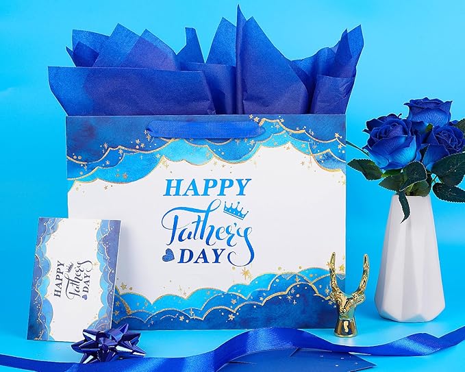 Jaywayang 15.7" Extra Large Happy Father's Day Gift Bag with Card and Tissue Paper(Blue and White)