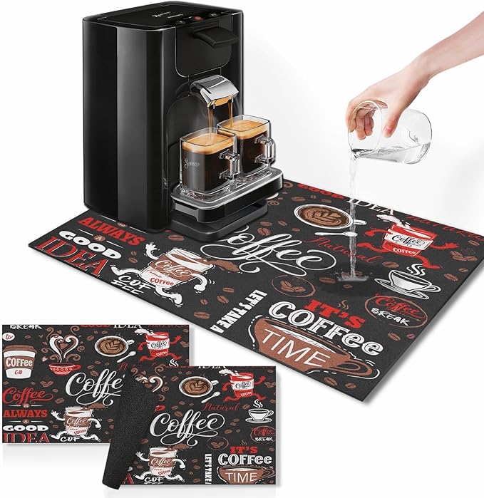 Arttown Coffee Mat for Countertops, Funny Abstract Cartoon Red Dish Drying Mat 2 Pcs for Kitchen Bar Accessories, Coffee Maker Espresso Machine Dish Rack Hide Stain Rubber Backed 12x19In