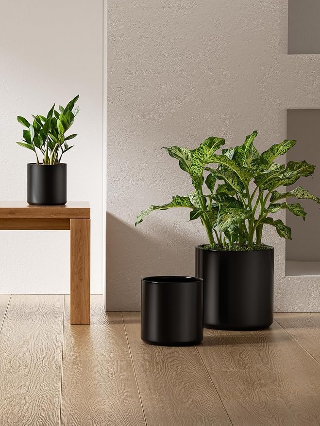 LE TAUCI 10+8+6 Inch Ceramic Pots for Plants, Indoor Planters with Drainage Hole and Plug, Modern Cylinder Flower Pots Set of 3 for Office and Living Room, Satin, Black