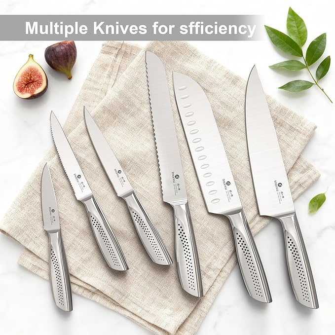 imarku 15-Piece Knife Set with Block, High Carbon Stainless Steel Kitchen Knives with Built-in Sharpener, Dishwasher Safe, Ergonomic Non-Slip Handle, Perfect for Home Cooks & Chefs, White