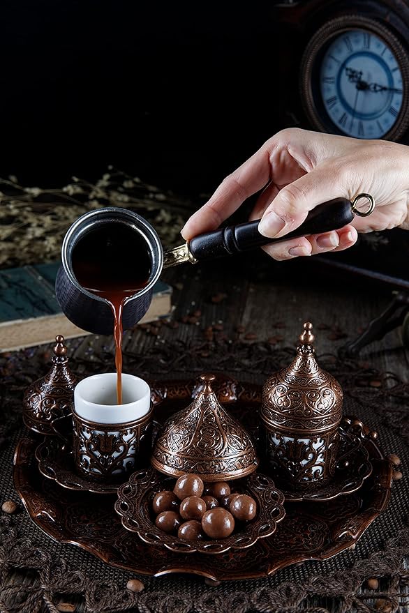 DEMMEX Turkish Greek Arabic Coffee Making and Serving Full Set with Cups Saucers Lids Sugar Bowl Tray and Copper Coffee Pot, Hand Decorated with Gold Crystals, 12 Pcs