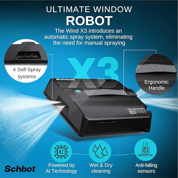 Wind X3 2026 Window Cleaning Robot – Black Robot Window Cleaner with Automatic Spray Function, Suitable for Small and Big Windows with and Without a Frame