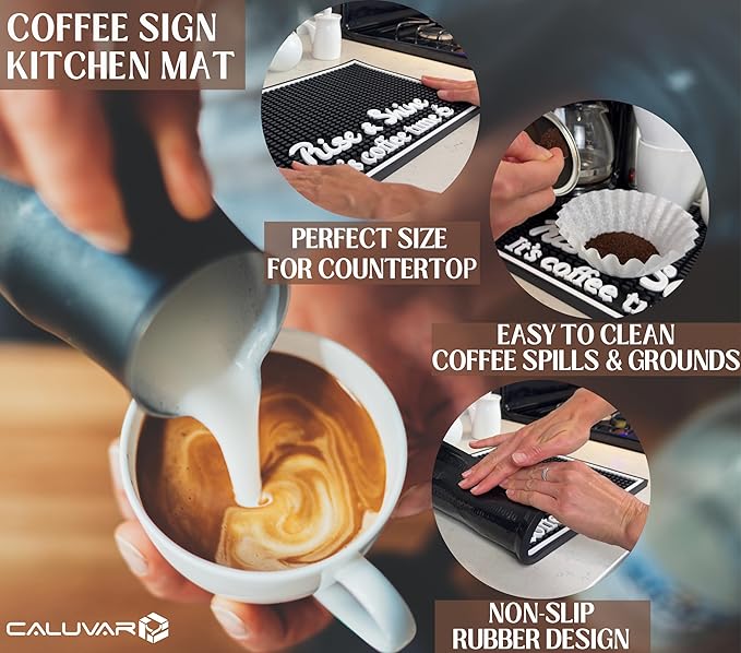 Coffee Bar Mats for Countertop Rise and Shine It's Coffee Time Sign 18x12 in Espresso Machine Mat Compatible, Premium Silicone Mat for Countertop for Tiki Bar Decor and Tiki Decorations