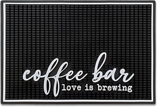 New Mungo Coffee Bar Mat – “Love Is Brewing” – Spill-Proof PVC Coffee Station Mat, Non-Slip Countertop Protector 18"x12"