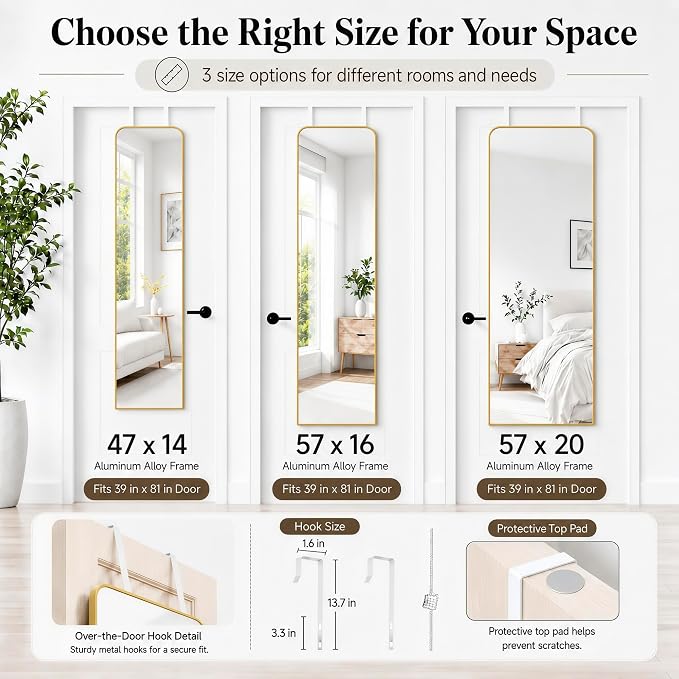 SCWF-GZ 57x20 Full Length Mirror Over The Door Hanging, Floor Stand/Wall Mounted Aluminum Alloy Frame Dressing Mirror for Bedroom Living Room 57 inch Gold