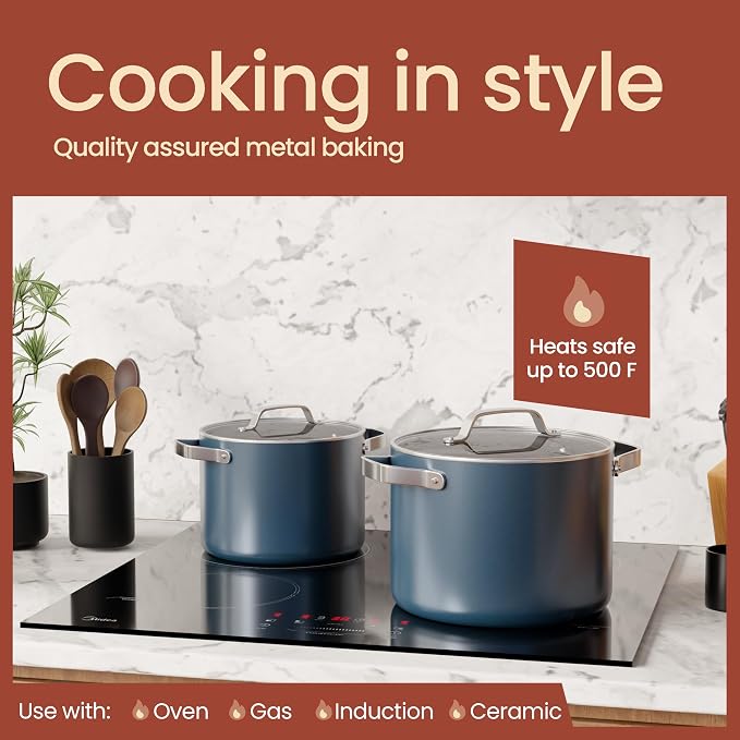 Bakken 8.5 Quart Ceramic Coated Stock Pot with Lid, Easy Clean Nonstick Pot, Tempered Glass Lid, Riveted Stainless Steel Handles, Oven Safe Up To 500°F, PTFE & PFAS Free, All Stove Compatible, Blue
