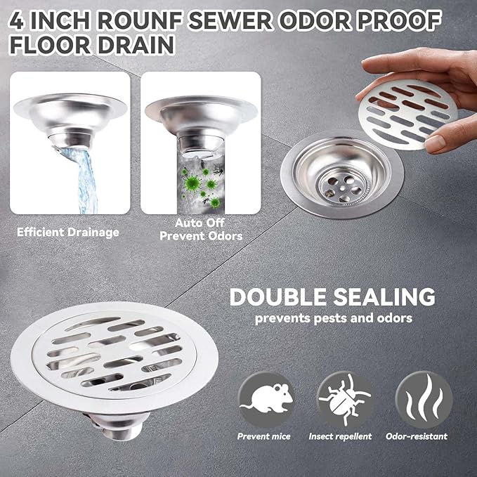 Yakamoz Sewer Odor Proof Floor Drain 4 Inch, Stainless Steel Anti-Odor Floor Drain Core Shower Drain Backflow Preventer Smell Stopper for Bathroom, Kitchen and Basement