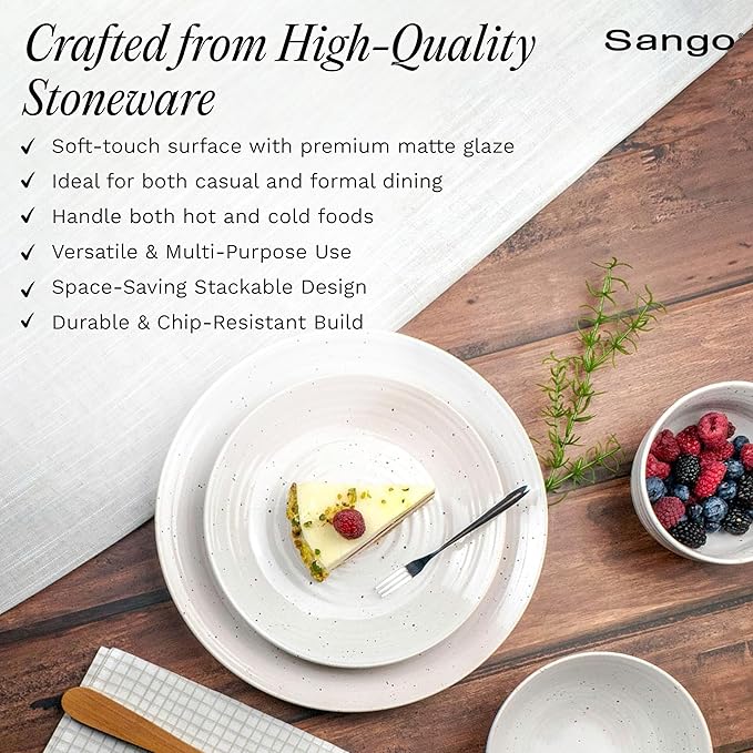 Sango Siterra 16-Piece Rustic White Stoneware Dinnerware Set – Service for 4, White with Glossy Speckle Overlay, for Everyday Dining & Entertainment, Microwave & Dishwasher Safe