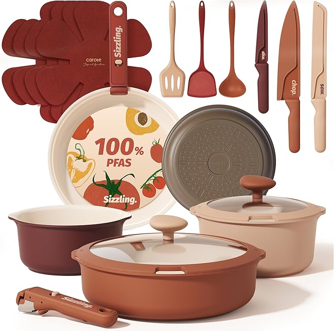 CAROTE 22 Pcs Ceramic Cookware Set Detachable Handle, Pots and Pans Set Non Stick, Non Toxic Induction Kitchen Cookware Removable Handles, Oven Safe, Stackable RV/Camping Cooking Set, Multi-Color