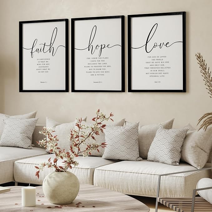 Houmury 3PCS Framed Faith Hope Love Bible Verses Wall Art Farmhouse Religious Quotes Wall Decor Inspirational Wall Art (Black, 16"x24")