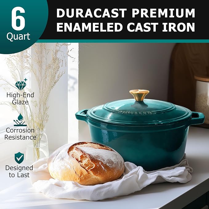 Mueller DuraCast 6 Quart Enameled Cast Iron Dutch Oven Pot with Lid | Sourdough Bread Baking, PFOA-Free, 500°F Oven Safe - All Cooktops incl. Induction, Braising & Slow Cooking, Emerald