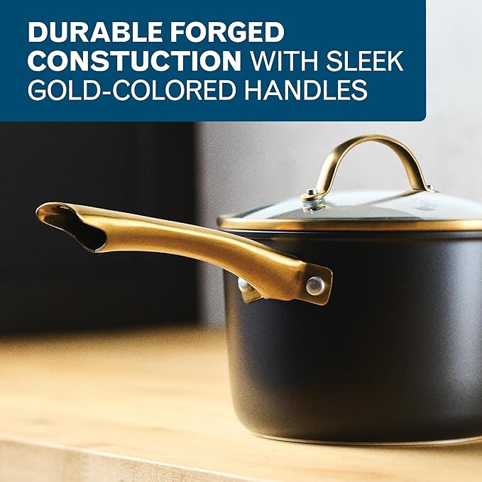 Farberware Forged Induction Ceramic Nonstick Pots and Pans Set with Lids and Kitchen Cooking Tools - Dishwasher Safe, Suitable for All Stovetops, 12 Piece Cookware Set - Black and Gold