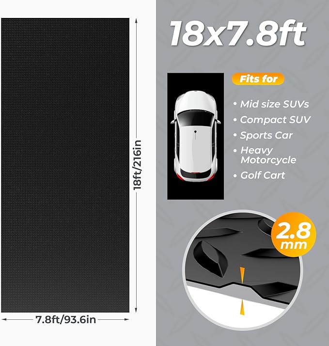 Geemax 7.8 x 18 FT Garage Floor Mats for Under Car, 2.8mm Thickened Rubber Garage Flooring Roll, M Size 140.4 SQFT Garage Car Mat for Mid-Size SUVs, Sports Car, Black
