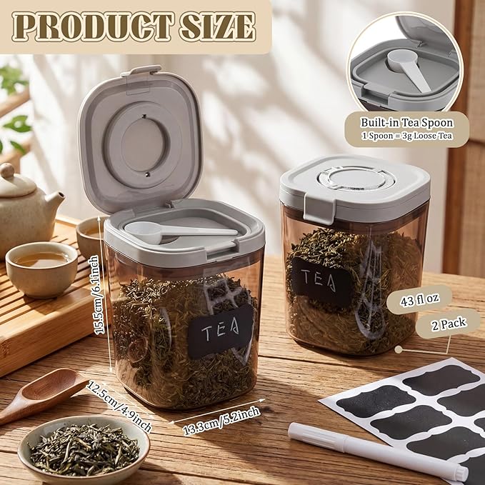 Suclain 2 Pack 44oz Airtight Coffee Canisters Light Blocking Tea Storage Containers with Scoop, Airtight Food Jars for Loose Leaf Tea, Sugar, Formula, Coffee Bean, with Chalk Marker & 8 Stickers