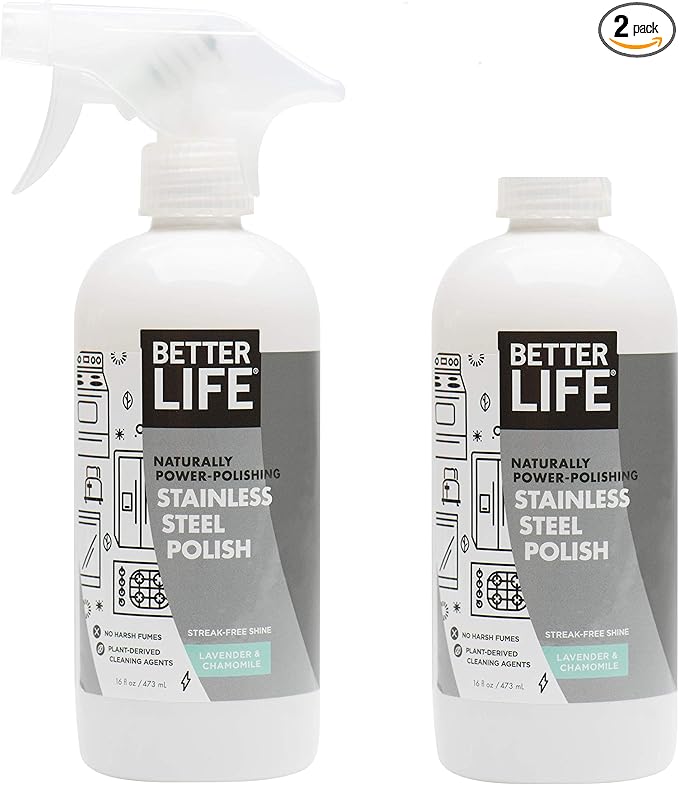 BETTER LIFE Stainless Steel Cleaner - 2 Pack 16 oz Streak-Free Stainless Steel Polish for Kitchen Sinks, Stoves, Metal Appliance, Refrigerator - Removes Grease & Water Stains - Chamomile-Lavender