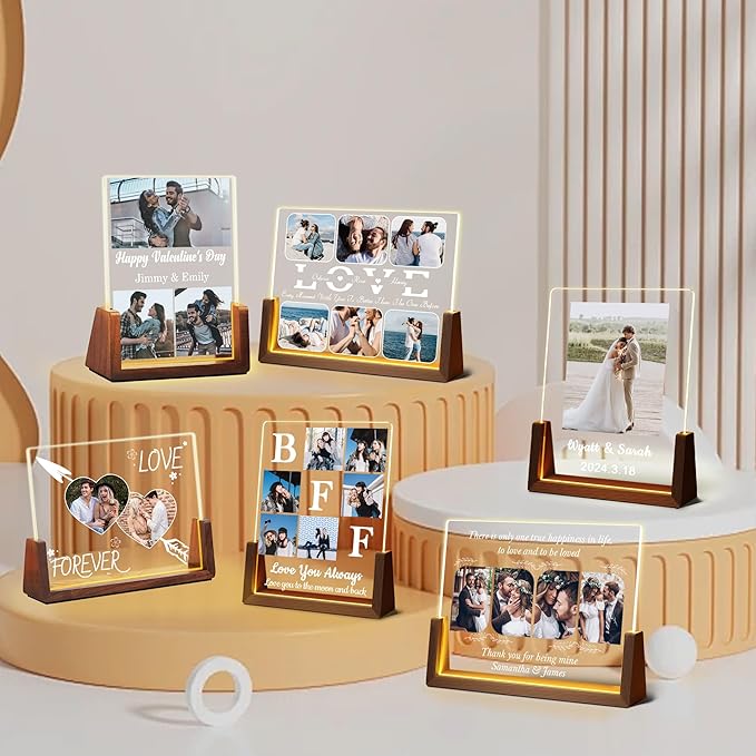 Personalized Valentines Couples Gifts For Him Her Husband Wife, Customized Acrylic Light Up Picture Frame With Photo Name, Custom Anniversary Birthday Gifts For Boyfriend Girlfriend Women Men