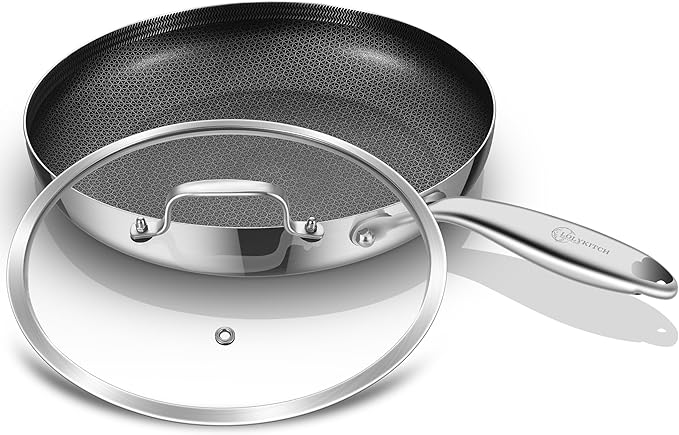 LOLYKITCH 8.5 Inch Tri-ply Hybrid Stainless Steel Non-Stick Sauté Pan with Lid,Skillet,Induction Frying Pan,Skillet,Dishwasher and Oven Safe,Riveted Handle.