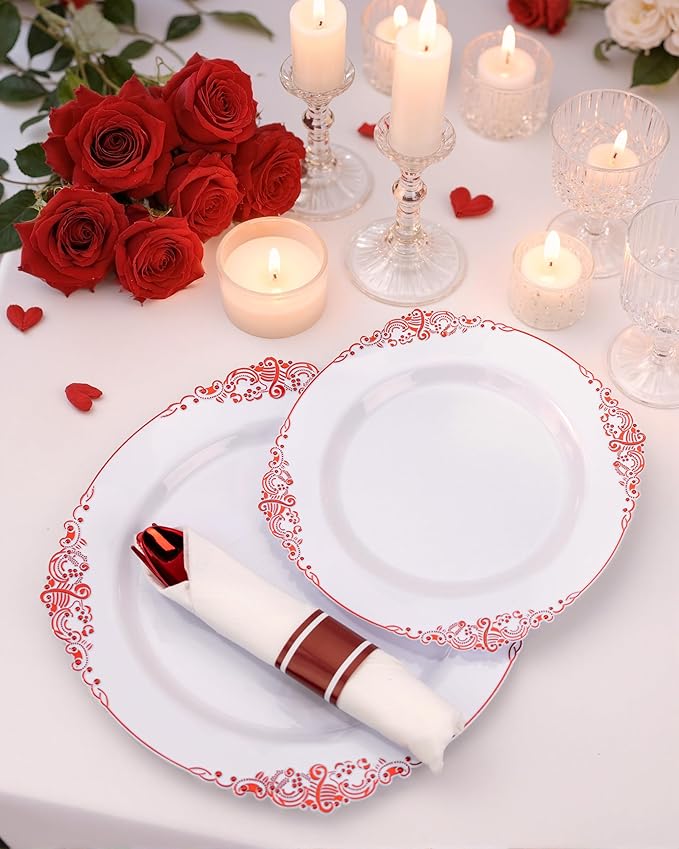 Nervure 350PCS Red Plastic Plates - White Red Plastic Dinnerware Set for 50 Guests - 100 Red Disposable Plates, 50 Pre Rolled Cutlery Set, 50 Cups Perfect for Wedding & Party & Mothers Day