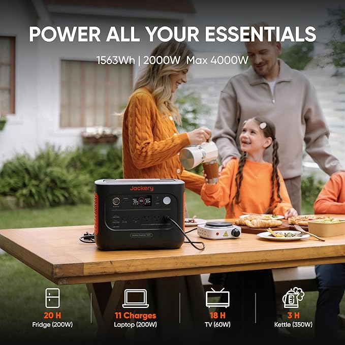 Jackery Explorer 1500 v2 Solar Generator, 1536Wh LiFePO4 Power Station with 200W Solar Panel, 2000W Output (4000W Peak), 1 H Fast Charge, 10ms UPS, for Outdoor, Emergency Backup, Camping, RV, Off-Grid