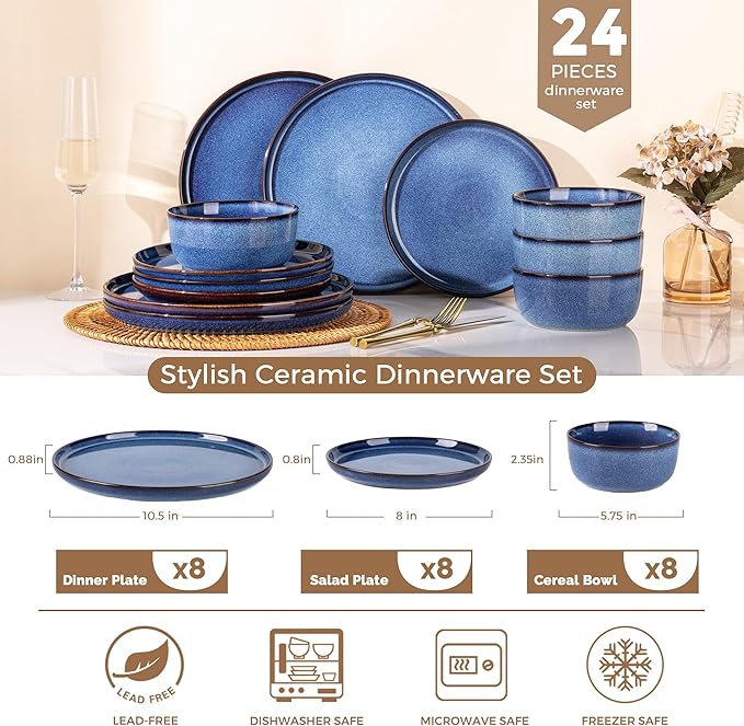 GBHOME Dinnerware Sets for 8, 24 Pieces Stoneware Plates and Bowls Sets, Scratch Resistant Ceramic Dishes, Dishwasher & Microwave Safe, Reactive Glaze-Sea Blue