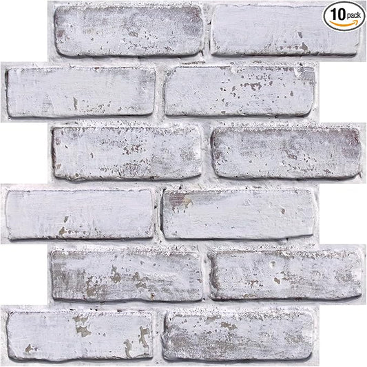 COMSTICKC 3D Faux Brick Wall Panel Peel and Stick, 10 Pcs of 12"X12", Small Size, Ultra-Light PVC Fake Brick Decorative Tiles Backsplash, Paintable, Not Real Brick (Whitewash -2)
