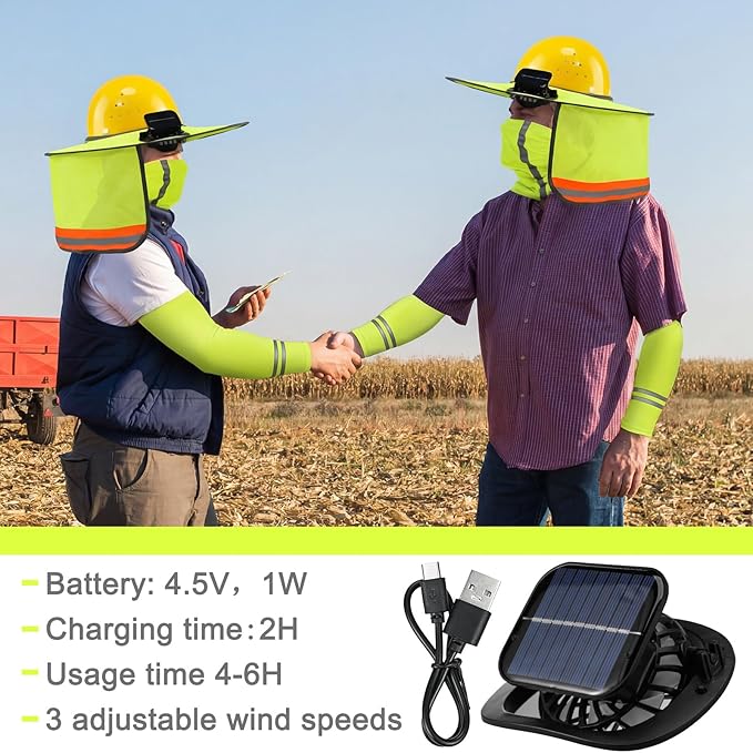 1 Set Sun Hard Hat Shade Full Brim Hard Hat Sun Visor with 2 Solar Fans and Neck Sunshade Cover UV Reflective Strap Arm Sleeves for Construction Workers Outdoor Protection(Fluorescent Yellow)