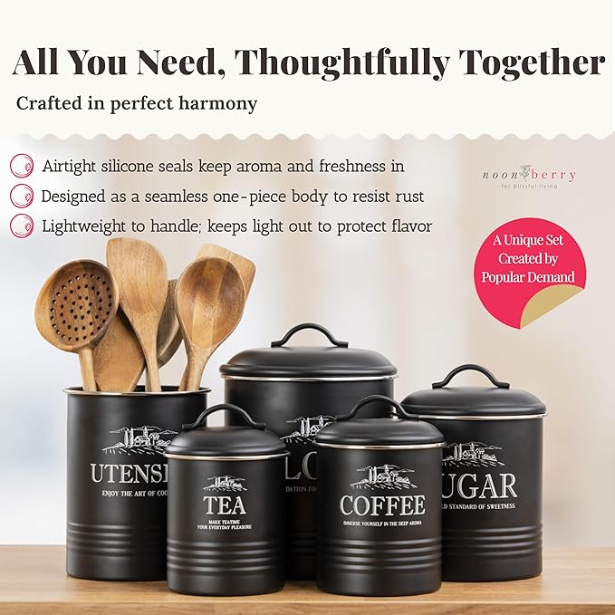 noonberry Kitchen Canisters for Countertop – 5-Piece Airtight Canister Sets for the Kitchen Counter with Utensil Holder – Flour Sugar Coffee Tea Containers – Matte Black Finish