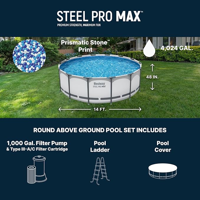 Bestway Steel Pro MAX 14' x 48" Above Ground Pool, Round Metal Frame Outdoor Swimming Pool Set with Filter Pump, Ladder, and Cover, Gray