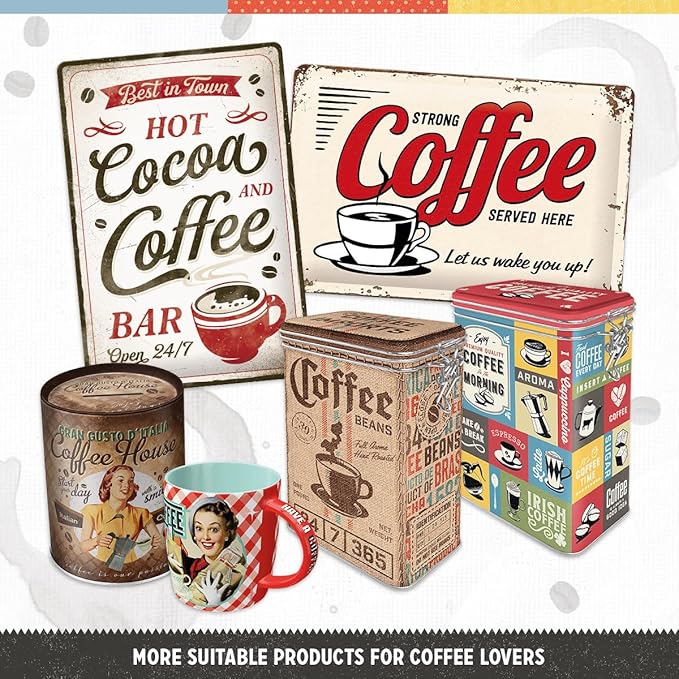 Nostalgic-Art Retro coffee tin box, 44 oz, Coffee Collage – Gift idea for coffee fans, metal clip top can, vintage design
