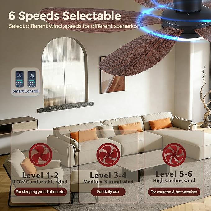 GJeg Ceiling Fans with Lights,42" Flush Mount Ceiling Fan with Light and Remote Control,Low Profile, Reversible, Dimmable, Noiseless, Brown Ceiling Fan for Bedroom