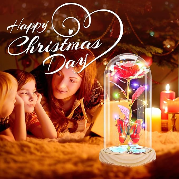 Otlonpe Preserved Forever Mothers Day Flower Gifts for Mom, Glass Rose Wood Base Colorful Light Butterfly Gifts for Women Grandma Girlfriend Wife Her, Valentines Mothers Day Christmas Birthday