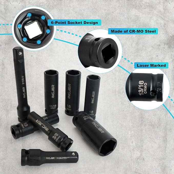 1/2" 29PCS Impact Socket Set, Upgrade CR-MO 6 Point Socket Set,SAE (3/8"-1") & Metric (10-24mm), Standard & Deep Sockets with Extension Bars, High Torque, Ideal for Truck Bearing Locknut.