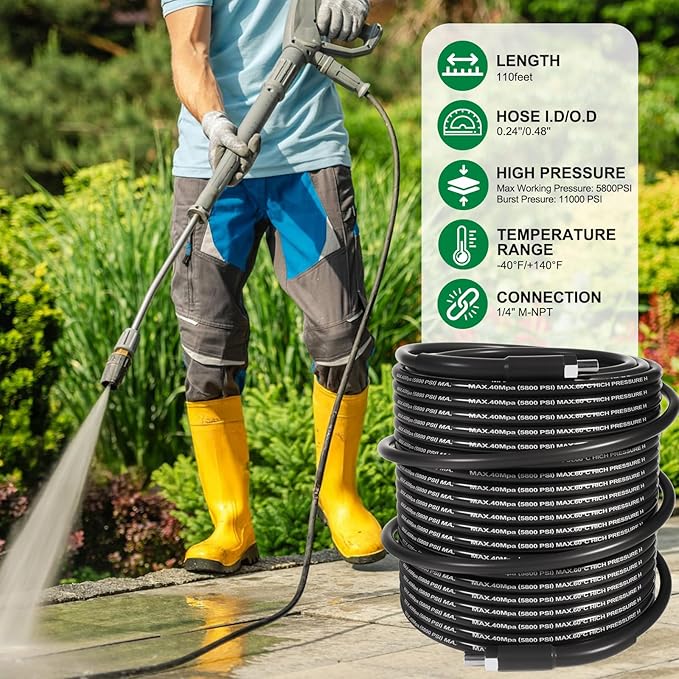 110FT Sewer Jetter Kit for Pressure Washer, 5800PSI Drain Cleaner Hose 1/4 Inch NPT Corner, Rotating Button and Spray Sewer Jetting Nozzle, Water Jet Drain Cleaner Spanner Tape Pearl Corsage Pin