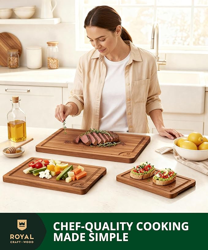 ROYAL CRAFT WOOD Wooden Cutting Boards for Kitchen Meal Prep & Serving - Bamboo Wood Serving Board Set with Deep Juice Groove Side Handles - Charcuterie & Chopping Butcher Block for Meat