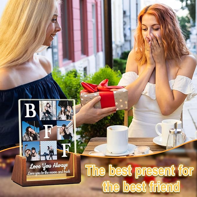 Custom Best Friend Christmas Birthday Gifts Picture Frame, Friendship Gifts For Women Friends Sister, Acrylic Plaque Photo Collage Frame With Night Light, Personalized BFF Besties Long Distance Gift