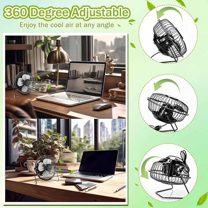 Glooglitter 8 Pcs USB Desk Fan Powerful Quiet 360° Adjustable Rotation Personal Metal Mini Desk Fan Bulk Summer Small Desks Fans for Home Office Bedroom Table Airflow Cooling, USB Powered Only(Black)