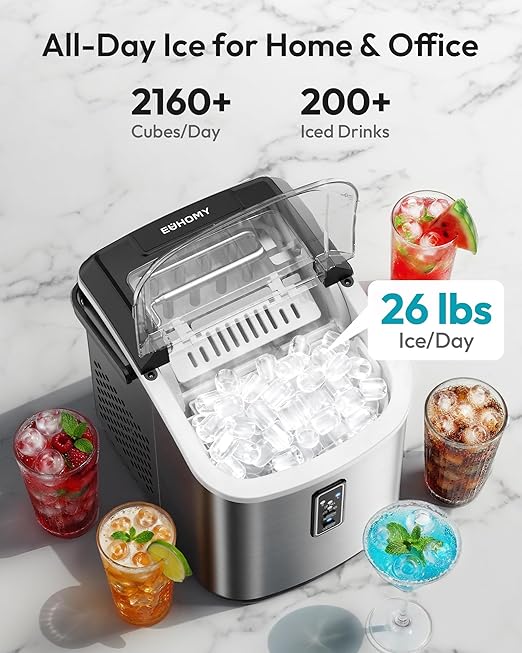EUHOMY Ice Maker Countertop, 9 Cubes Ready in 6 Mins, 26lbs/24H, Self-Cleaning, Portable Ice Maker Machine with Carry Handle, Basket and Scoop, 2 Sizes of Bullet Ice for Home, Kitchen, Office