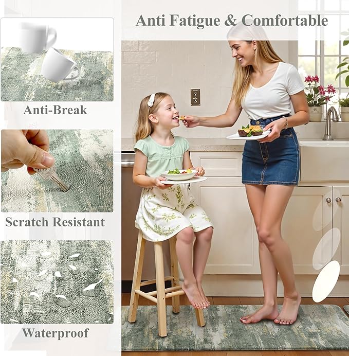Collive Anti Fatigue Kitchen Mats, Grey/Green Abstract Kitchen Rugs Sets of 2 Non Slip Waterproof Standing Mat, Cushioned Comfort Desk Rug for Home Office, Sink, Laundry, 17"x29"+17"x47"
