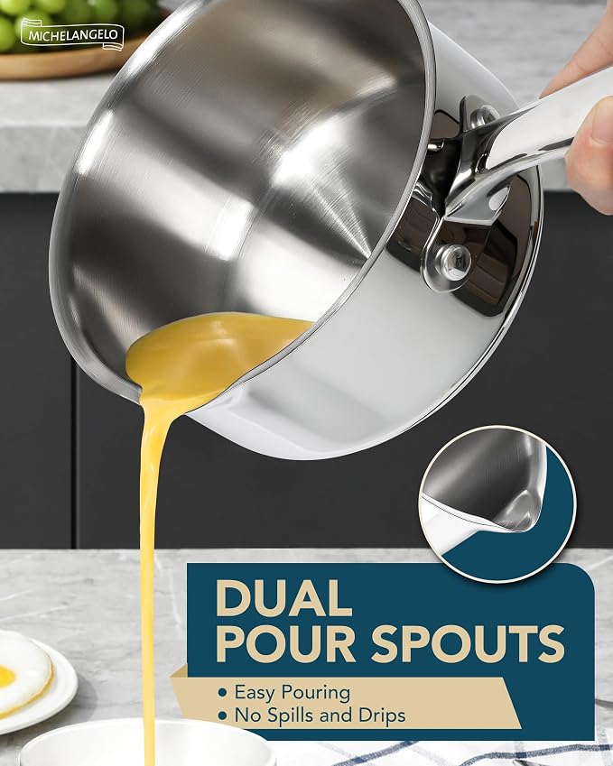MICHELANGELO Stainless Steel Sauce Pot Set with Steamer 5Pcs, 18/10 Saucepan Set with Pour Spout & Strainer Glass Lids, Sauce pan with Triply Bottom Induction Compatible - 1QT & 2QT