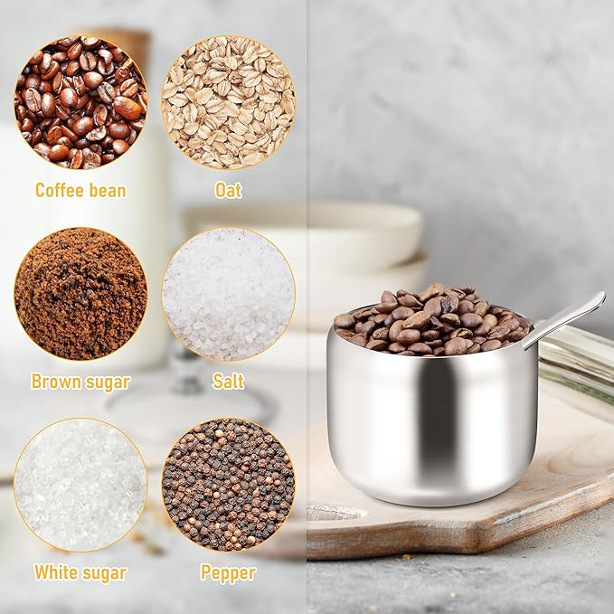 holoith Sugar Container with Glass Lid and Spoon - 10oz Stainless Steel Sugar Bowl for Coffee Bar Station Accessories Kitchen Storage for Salt, Candy, Coffee Bean (Silver)