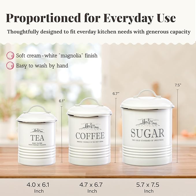 noonberry Kitchen Canisters for Countertop – 3-Piece Airtight Kitchen Canister Set – Sugar Coffee Tea Containers for Kitchen Counter – Cream-White Magnolia Finish