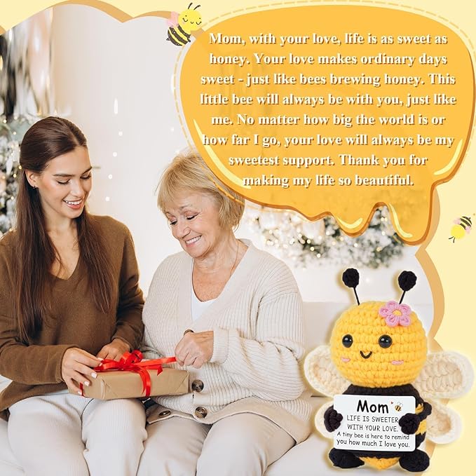 Gifts for Mom Mothers Day, Mom Gifts from Daughter Son - Cute Handmade Crochet Bee - Birthday Valentines Christmas Bonus Step Mother in Law, I Love You Mama Present, Emotional Support Decor