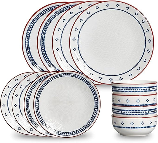 12-Piece Stoneware Dinnerware Set for 4, Geometric Vintage Plates & Bowls, Scratch-resistant Dishwasher & Microwave Safe Dishware, Modern Tableware Service for Everyday Use or Entertaining