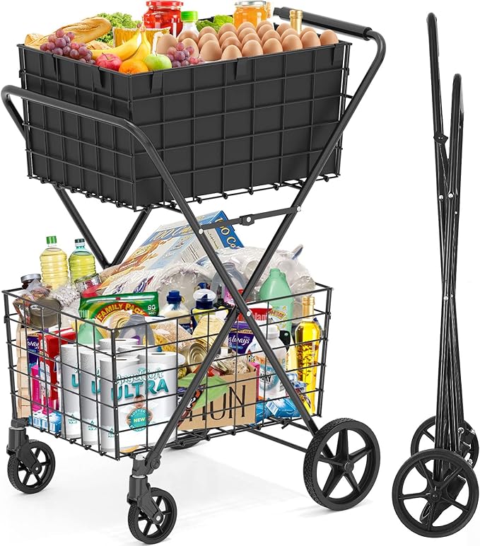 [𝐍𝐄𝐖] 2-Tier Extra Large Collapsible Grocery Cart On Wheels, 400lbs Shopping Cart for Groceries with 2 Removable Baskets, Waterproof Liner, Heavy Duty Foldable Shopping Utility Cart for Seniors
