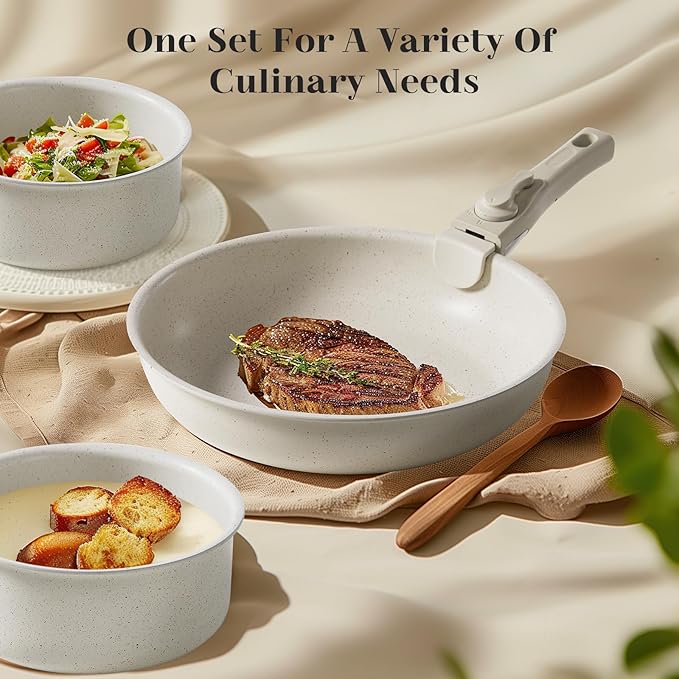 Sweetcrispy 12 pcs Pots and Pans Set, Nonstick Kitchen Induction Cookware Suit with Detachable Handle, Dishwasher Oven Safe, Milky White