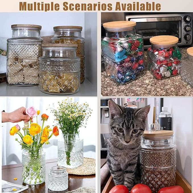 Viovian Large Glass Jar with Wood Lid and Spoon 60 OZ Square Thick Glass Storage Jars Airtight Lids Clear Decorative Vintage Canister for Food Candy Cookie Sugar Coffee Nuts Snack Dog Treat
