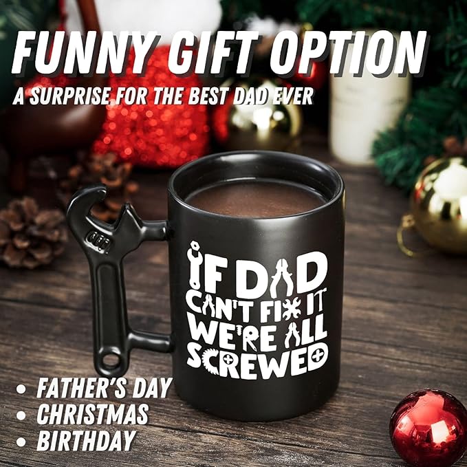 Onebttl Coffee Mug With Wrench Spanner Handle - Dad Gifts From Daughter and Son, 13.5oz Funny Ceramic Mug for Father's Birthday, Father's Day, Christmas - Dad Can Fix